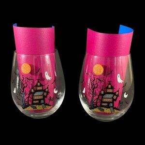 Halloween XL Stemless Wine Glasses Haunted House Graveyard Ghosts & Bats 2 Lot